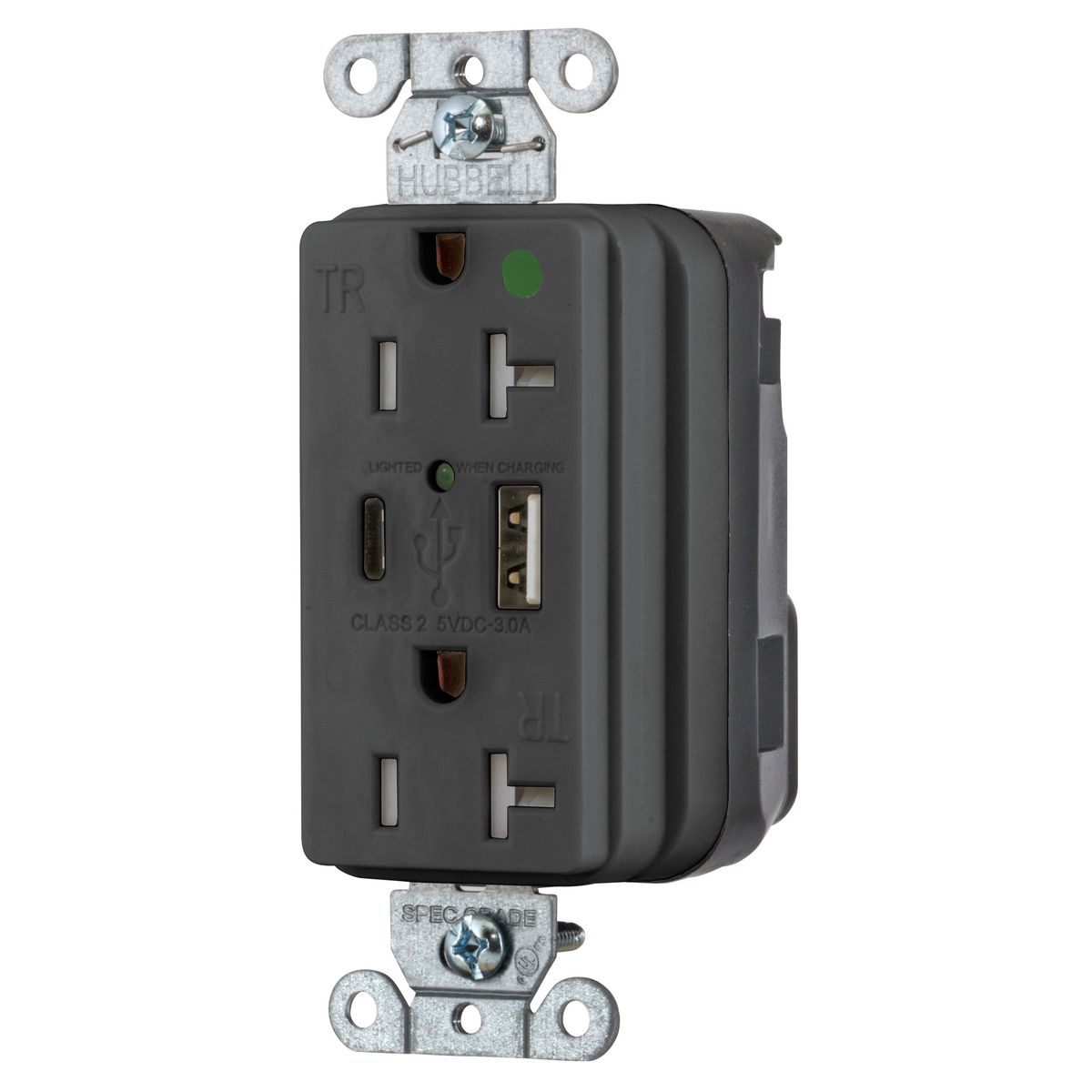 Straight Blade Devices, SNAP-ConnectDecorator Duplex, USB Charger Receptacle, Hospital Grade, 15A 125V, 2-Pole 3-Wire Grounding, 5-15R, 5A 