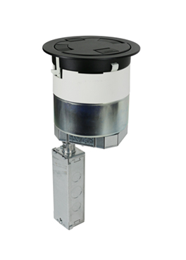 Recessed Unwired Flush Style Poke-Thru Assembly – Designed to be installed in a concrete floor which has access in the ceiling of the floor below for running power, data and A/V services. Poke-thru device installs into a 6