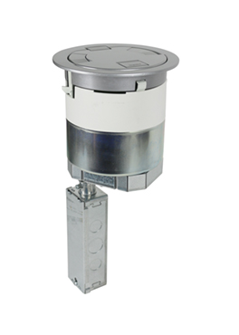 Recessed Prewired A/V Flush Style Poke-Thru Assembly – Designed to be installed in a concrete floor which has access in the ceiling of the floor below for running power, data and audio/video services. Poke-thru device installs into a 6