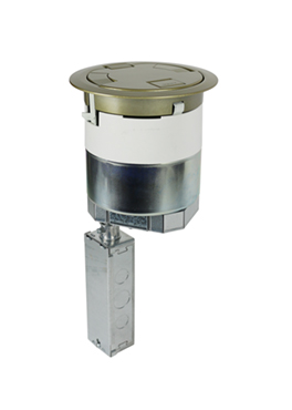 Recessed Prewired A/V Surface Style Poke-Thru Assembly – Designed to be installed in a concrete floor which has access in the ceiling of the floor below for running power, data and A/V services. Poke-thru device installs into a 6