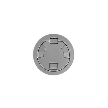 Surface Style Cover Assembly – Low profile cover designed to attach to the 6STC, 6STCP, and 6STCPAV Poke-Thru Stem Assemblies. Each cover is made from die-cast aluminum materials and equipped with a durable hinge which allows the cover to rotate open 180°, two (2) slide egress doors that lock in the open position and auto close around the cables when the covers are closed, an 8° beveled edge that meets ADA guidelines and reduces tripping hazards. These covers are designed to sit on top of finished floor surfaces such as: carpet, tile, wood, polished concrete and terrazzo. Finish Satin Brass plated. Tamper resistant.