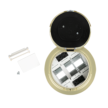 Recessed Prewired Flush Style Poke-Thru Assembly. Designed for retrofit and new construction, Evolution Series 8in Recessed Poke-Thru devices provide convenient access to power, communications, and audio/video services recessed below floor level - providing maximum device protection. With 5 Gangs of capacity, you will be able to configure services for the needs of your space. The low-profile metal covers are available in brushed aluminum, satin brass, satin nickel, and multiple powder-coated finishes designed to match any space. Evolution Series 8in Poke-Thru devices are the perfect fit for kiosks, meeting rooms, training rooms, classrooms, healthcare facilities or commercial buildings with open-space architecture. For carpet, tile, wood and laminate concrete floor coverings. Unit comes complete with surface style cover and two (2) empty gangs that are recessed 3 3/4