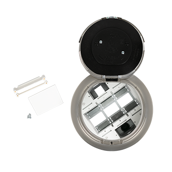 Recessed Unwired Surface Style Poke-Thru Assembly. Designed for retrofit and new construction, Evolution Series 8in Recessed Poke-Thru devices provide convenient access to power, communications, and audio/video services recessed below floor level - providing maximum device protection. With 5 Gangs of capacity, you will be able to configure services for the needs of your space. The low-profile metal covers are available in brushed aluminum, satin brass, satin nickel, and multiple powder-coated finishes designed to match any space. Evolution Series 8in Poke-Thru devices are the perfect fit for kiosks, meeting rooms, training rooms, classrooms, healthcare facilities or commercial buildings with open-space architecture. For carpet, tile, wood and laminate concrete floor coverings. The unit comes complete with a surface style cover, and five (5) open compartments for additional power, data or AV devices. All five compartments are recessed 4