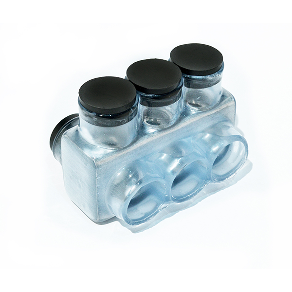 3 Wire Polaris Vision Tap 500 MCM - 4 AWG Insulated Multi-Cable Connector Block, Either Side Wire Entry Polaris Vision Tap Connectors have wire entry ports on both sides of the connector to allow for access from either side. Eliminates the need for cover and taping. Insulated with high-dielectric strength plastisol. Molded for precise fit and supplied with removable plugs to close the entry port not being utilized. Abrasion and chemical resistant. Will not support combustion. AL9CU. Cold temperature rated to -45 degrees C, rated 600V, 90 degrees C. Dual rated for use with copper and/or aluminum cables. Not recommended for fine-stranded, flexible wire.