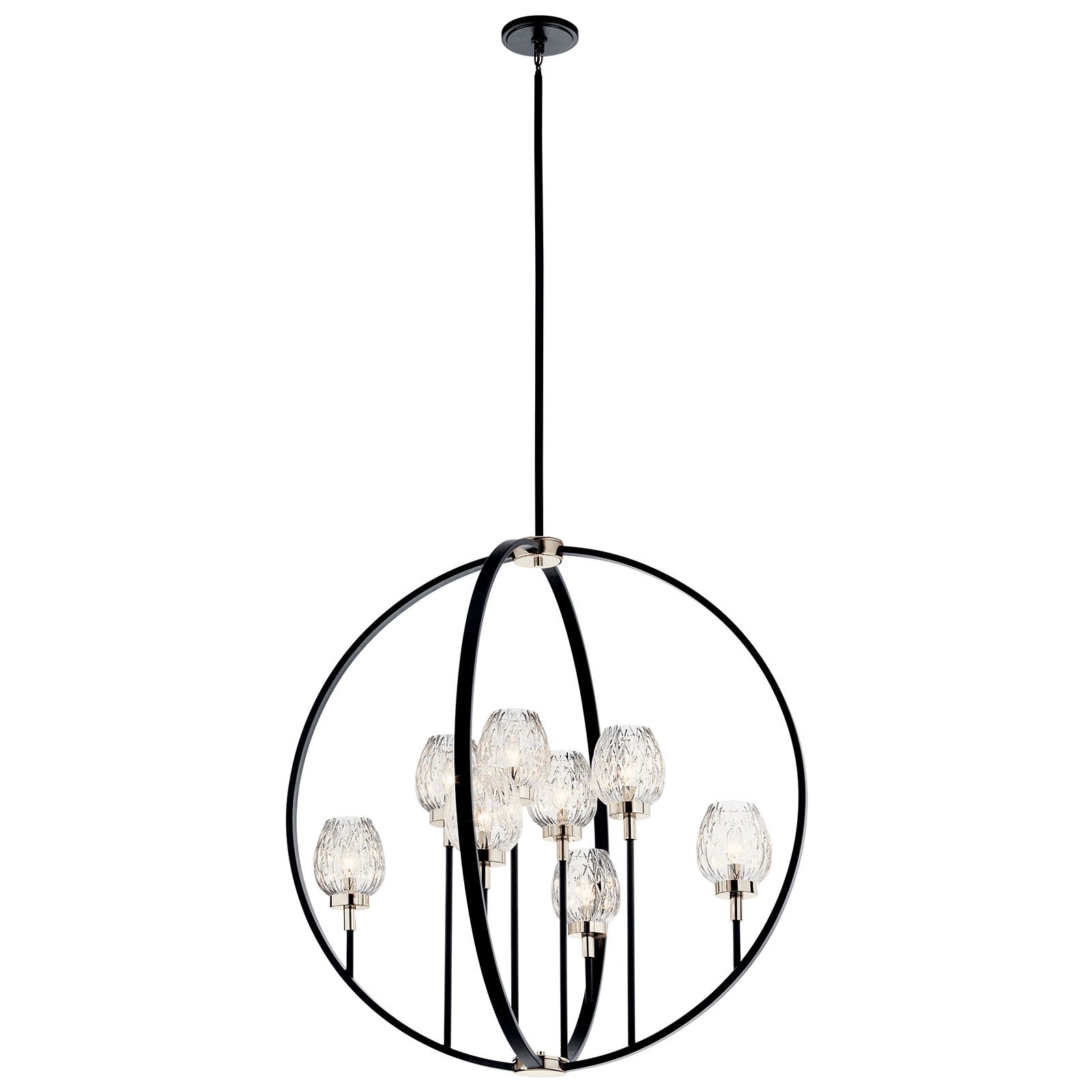 This 8 light chandelier from the Moyra collection features black orbs, crystal-inspired goblet shades and rich Polished Nickel details create a striking look that?s both modern and vintage. The faceted glass intensifies and refracts the light.