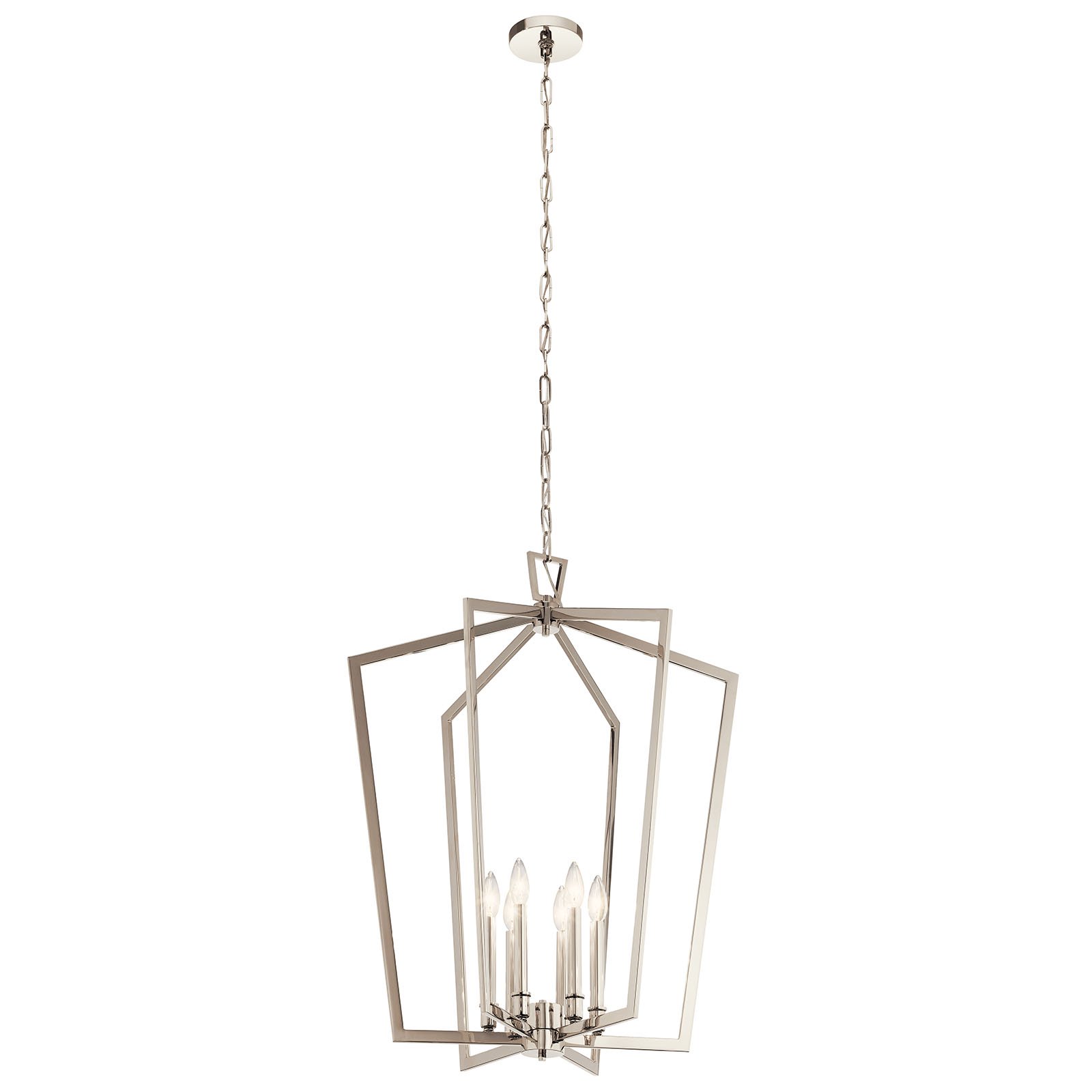 The open cage style of Abbotswell 6 light chandelier  makes maximum impact with minimal lines. Intersecting pentagons in a cool Polished Nickel finish create a look that works in a variety of decors: updated traditional, transitional or modern farmhouse.