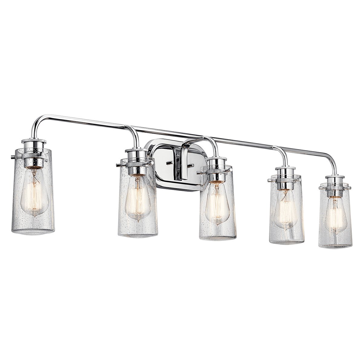 The Braelyn(TM) 44in. 5 light vanity light features an Chrome finish and clear seeded glass shades. The Braelyn(TM) offers a vintage industrial design that works well with rustic, country and lodge décor.