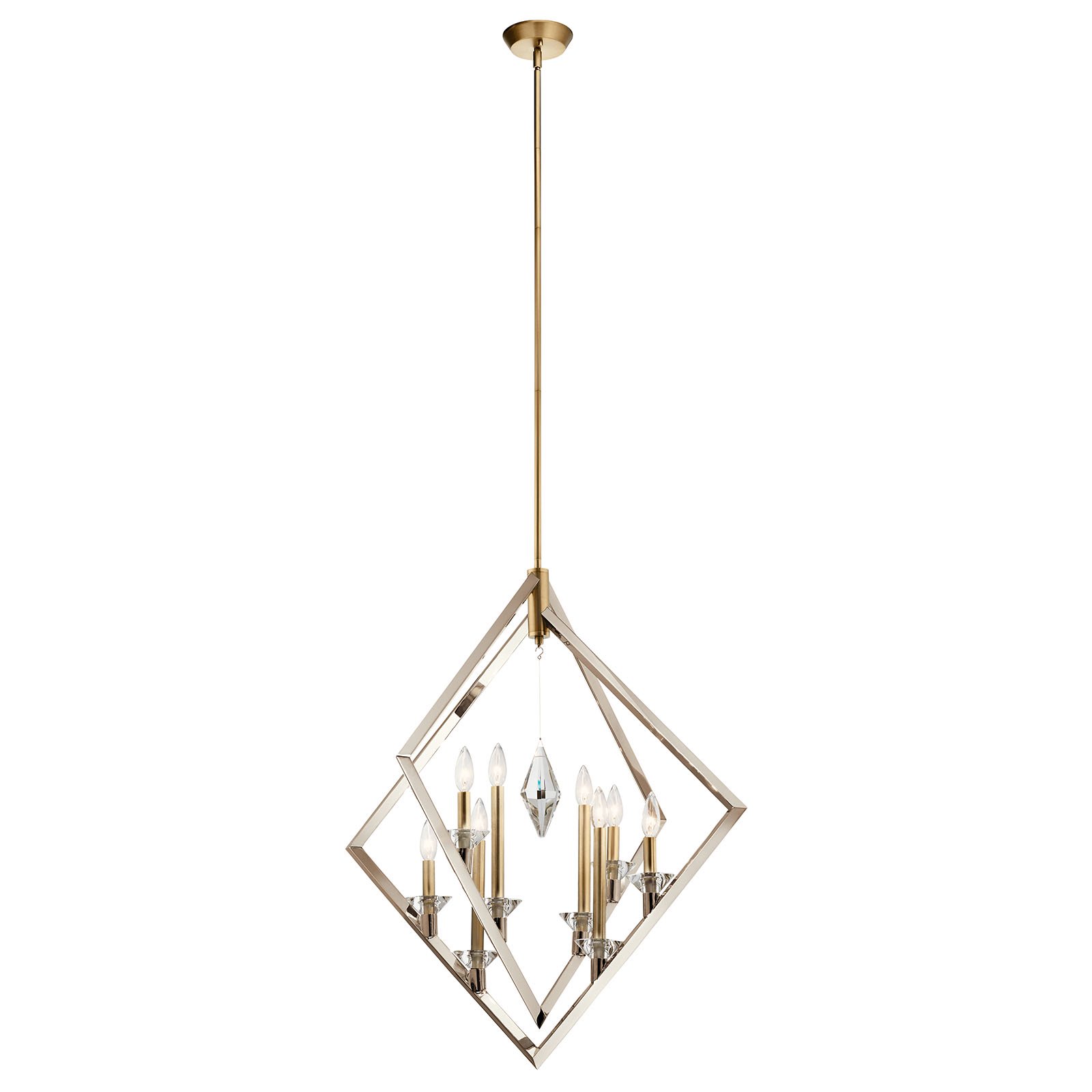 Glamorous in shape and style, the Layan 8 light foyer pendant is a gem that lights up a space. The Polished Nickel and Classic Bronze finish combination shine with style, while the decorative crystal pendant sparkles.