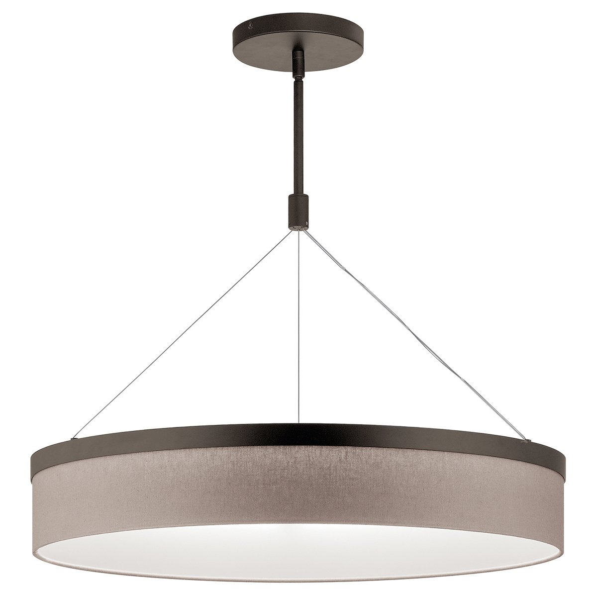 Add softness to modern dining tables and kitchen islands with the floating style of the Mercel 3 light chandelier/pendant in Olde Bronze. A sheer linen shade in grey or white appears suspended in air by thin wires. The LED light delivers illumination while keeping the look clean and simple.