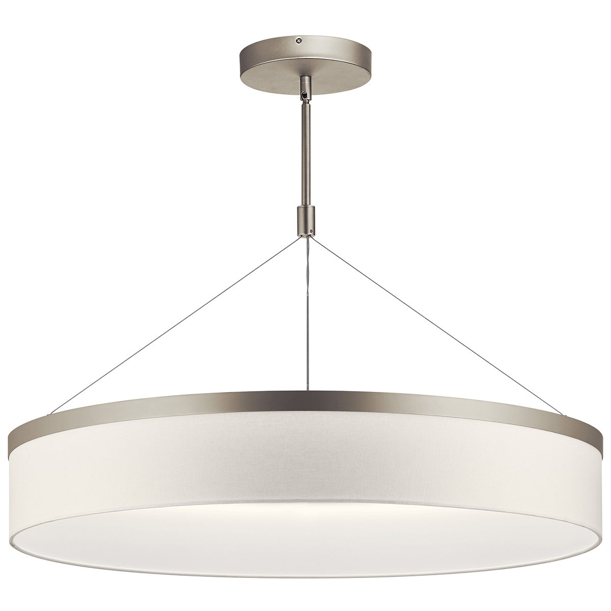 Add softness to modern dining tables and kitchen islands with the floating style of the Mercel chandelier/pendant in Satin Nickle. A sheer linen shade in grey or white appears suspended in air by thin wires. The LED light delivers illumination while keeping the look clean and simple.