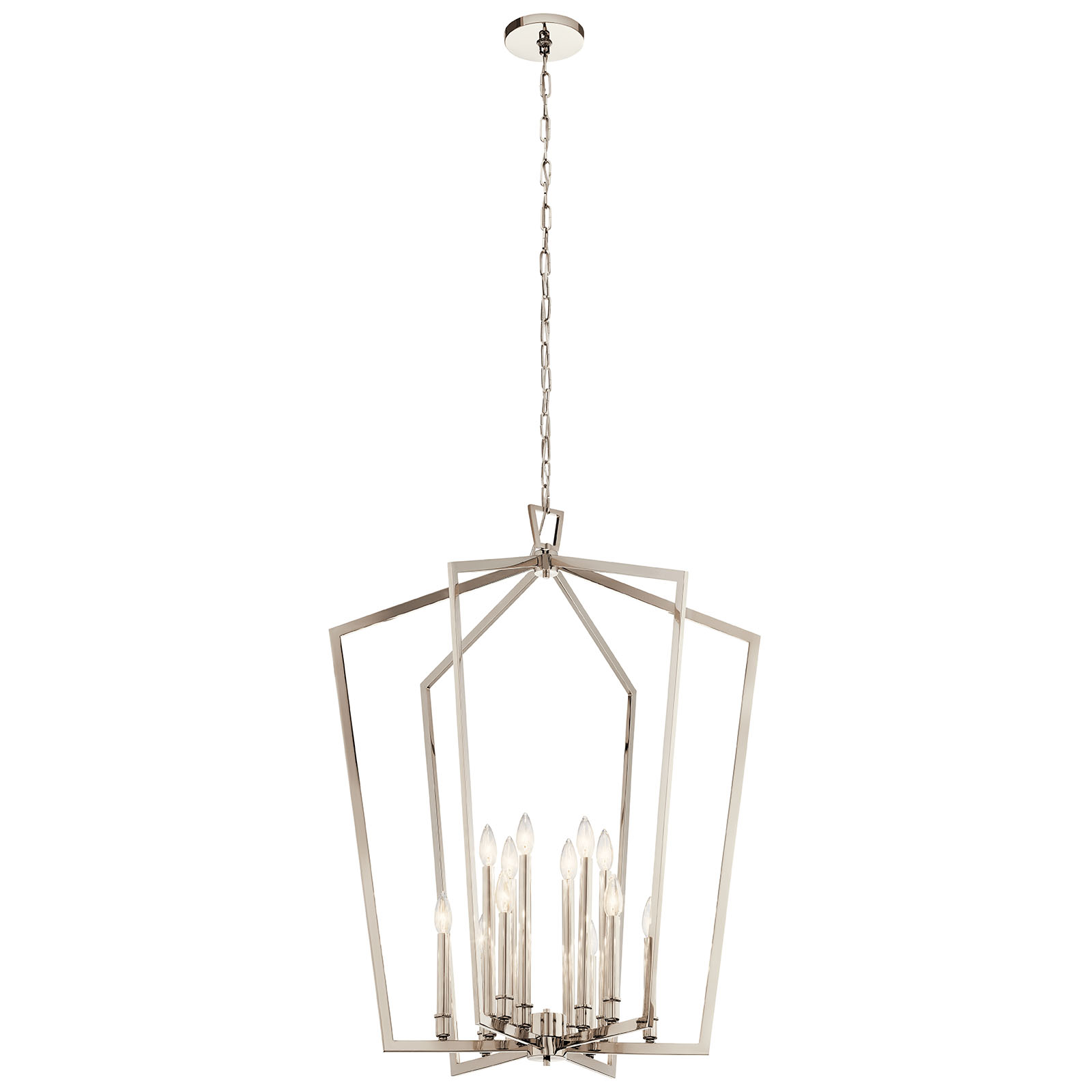 The open cage style of Abbotswell large foyer pendant makes maximum impact with minimal lines. Intersecting pentagons in a cool Polished Nickel finish create a look that works in a variety of decors: updated traditional, transitional or modern farmhouse.