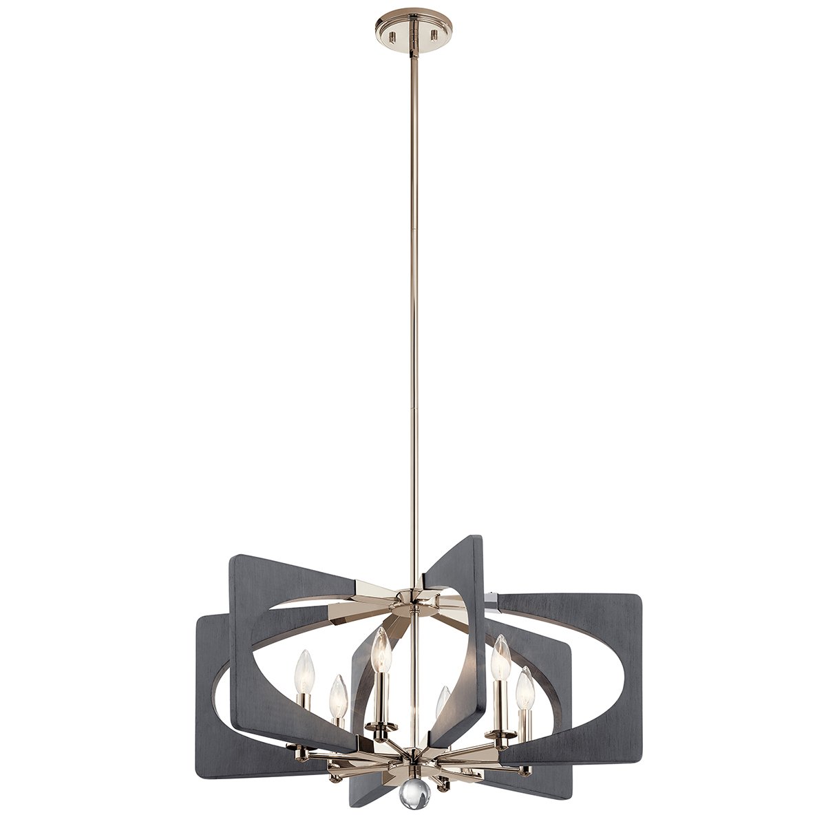 The ultimate in midcentury modern style comes to life in the Alscar 6 light chandelier in a Driftwood Grey finish. Sleek Polished Nickel combines with a dark grey wood-tone in geometric shapes. It?s a style fully inspired by the 50s and 60s.