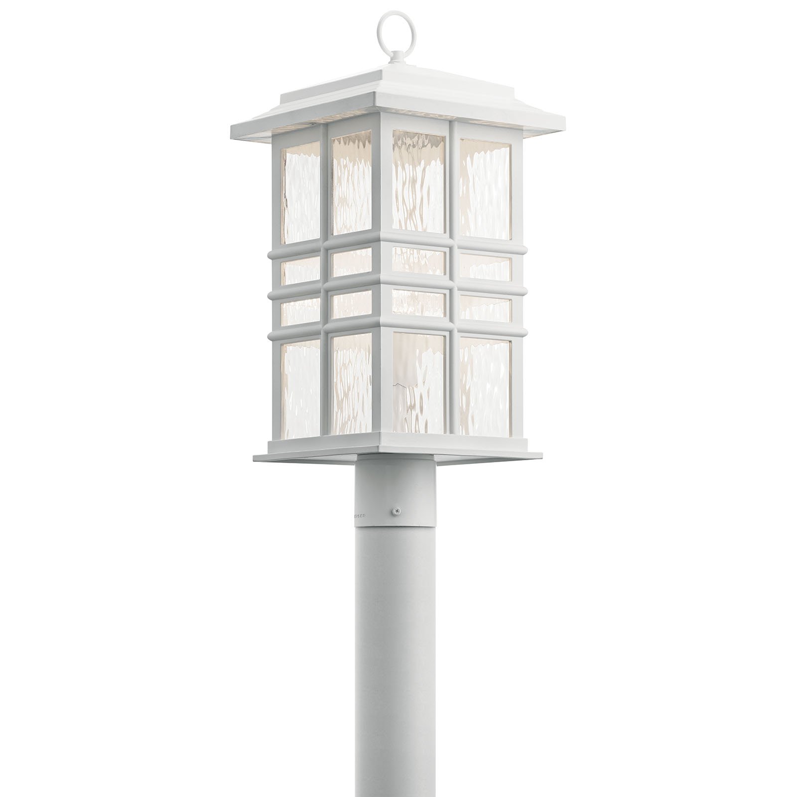Inspired by classic craftsman architecture, This Beacon Square 1 light outdoor post lantern's clean lines deliver a transitional and versatile style. Crafted from Kichler's Climates materials, each fixture is designed to withstand harsh outdoor elements, like saltwater spray and UV rays, for a beautiful and long-lasting White finish. The clear, hammered glass simulates the look of water, enhancing the overall style, while still letting the light shine through.