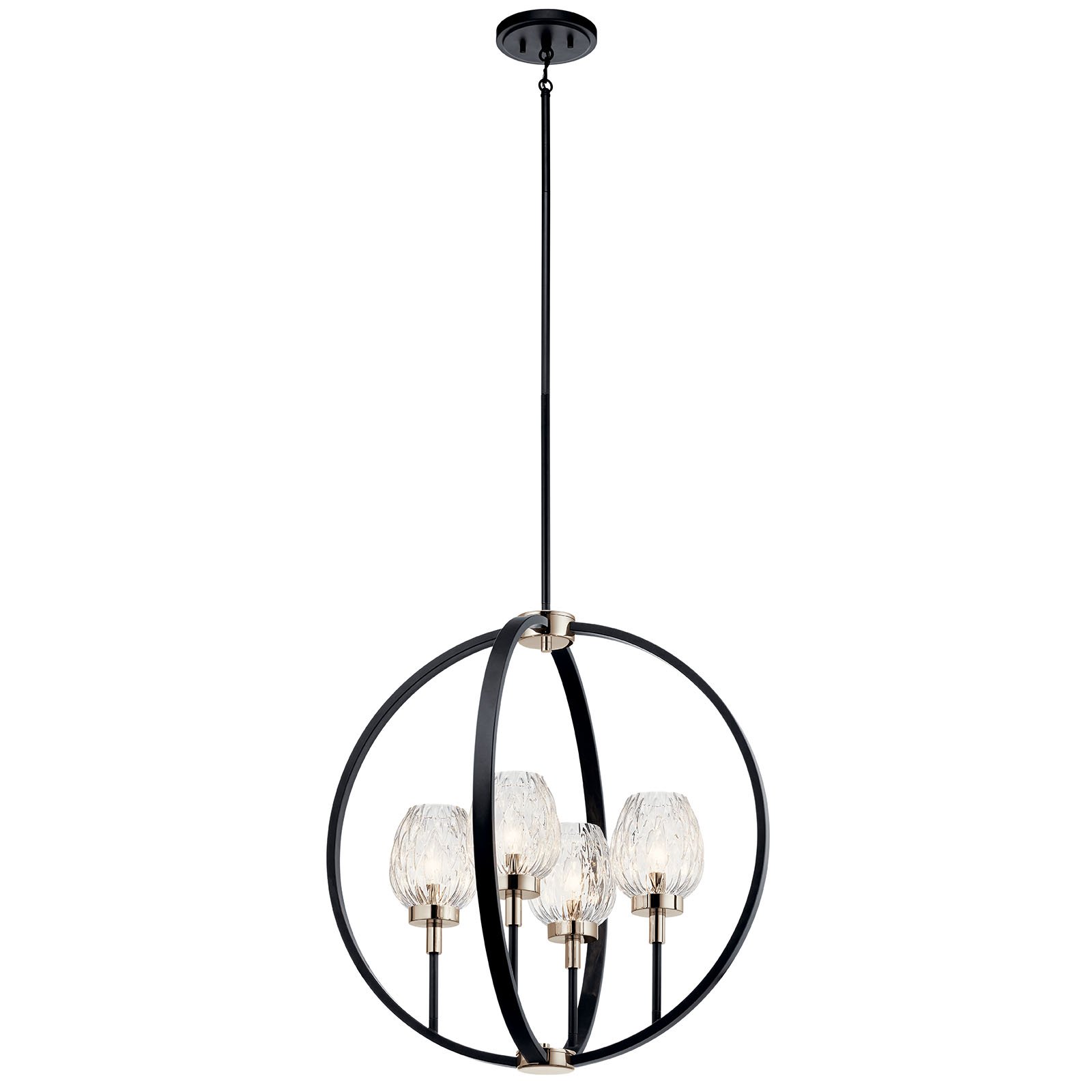 This 4 light pendant from the Moyra collection features black orbs, crystal-inspired goblet shades and rich Polished Nickel details create a striking look that?s both modern and vintage. The faceted glass intensifies and refracts the light.