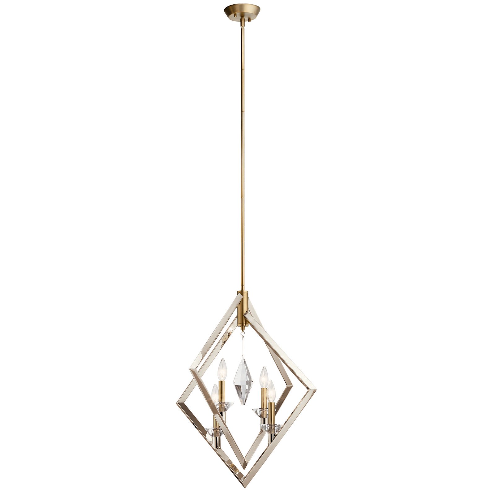 Glamorous in shape and style, the Layan 4 light pendant is a gem that lights up a space. The Polished Nickel and Classic Bronze finish combination shine with style, while the decorative crystal pendant sparkles.