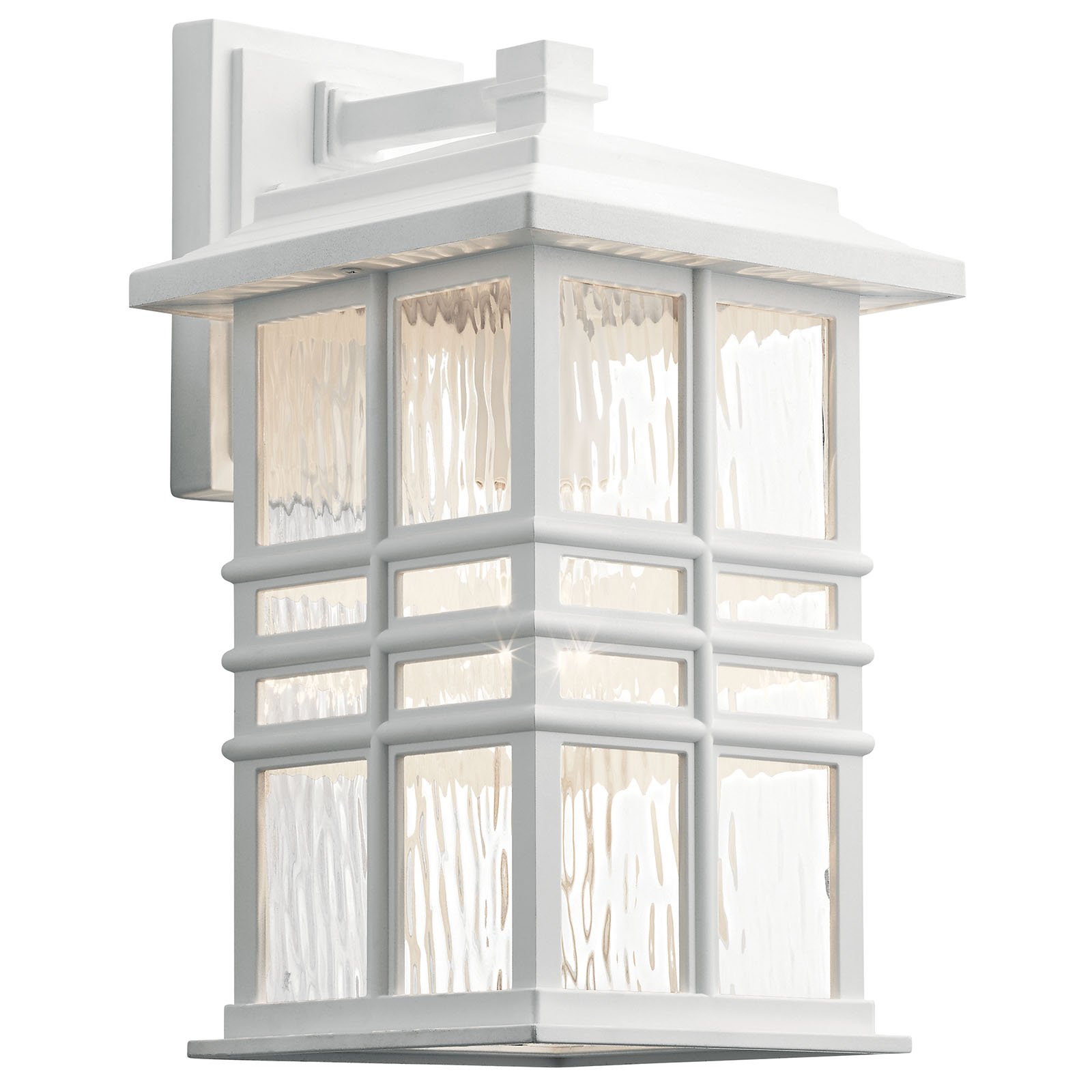 Inspired by classic craftsman architecture, This Beacon Square 14.25 inch 1 light outdoor wall lantern's clean lines deliver a transitional and versatile style. Crafted from Kichler's Climates materials, each fixture is designed to withstand harsh outdoor elements, like saltwater spray and UV rays, for a beautiful and long-lasting White finish. The clear, hammered glass simulates the look of water, enhancing the overall style, while still letting the light shine through.