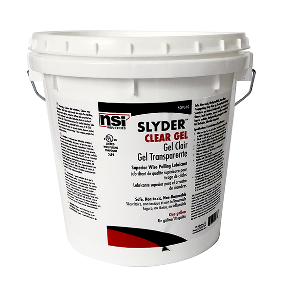 Slyder Clear Cable Lubricant - 1 Gallon APPLICATIONS: Slyder Clear Cable Lubricant is a superior gel lubricant that reduces surface tension on cable to the lowest level. Its excellent adherence to cable ensures maximum performance and easier pulls. It maintains its lubricity even after drying and has excellent re-wedding characteristics. Slyder is non-toxic and non-flame propagating and can be used as part of a fire retardant installation. It does not contain any aromatic or petroleum derivative. Exceptional lubricity Adheres better so it performs better Superior performance at elbows, multiple turn pulls, tight fitting pulls and higher temperature applications Retains higher lubricity when dry on the cable, making removal or repairs much easier. Recovers more than  percent of its original lubricity after re-wetting - even after it has been dry for extended periods Compatible with all types of cable jackets. Will no cause racking or discoloration of the cable Does no support flame - either as a gel or dried lubricant Safe. Slyder is non-toxic to humans. It is composed of ingredients that are individually listed as non-hazardous at the concentration used. Easy to clean up. Easily removed from equipment or personnel with only water. SIZE: 1 Gallon MANUFACTURER: Nsi Industries