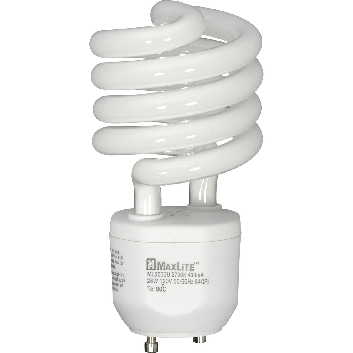 Maxlite 26W self-ballasted CFL lamp with a GU24 base. This 26-watt compact fluorescent light bulb features both energy savings and long-life performance. Soft white appearance is similar to traditional incandescent bulb. GU-24 bi-pin base fits energy efficient light fixtures.