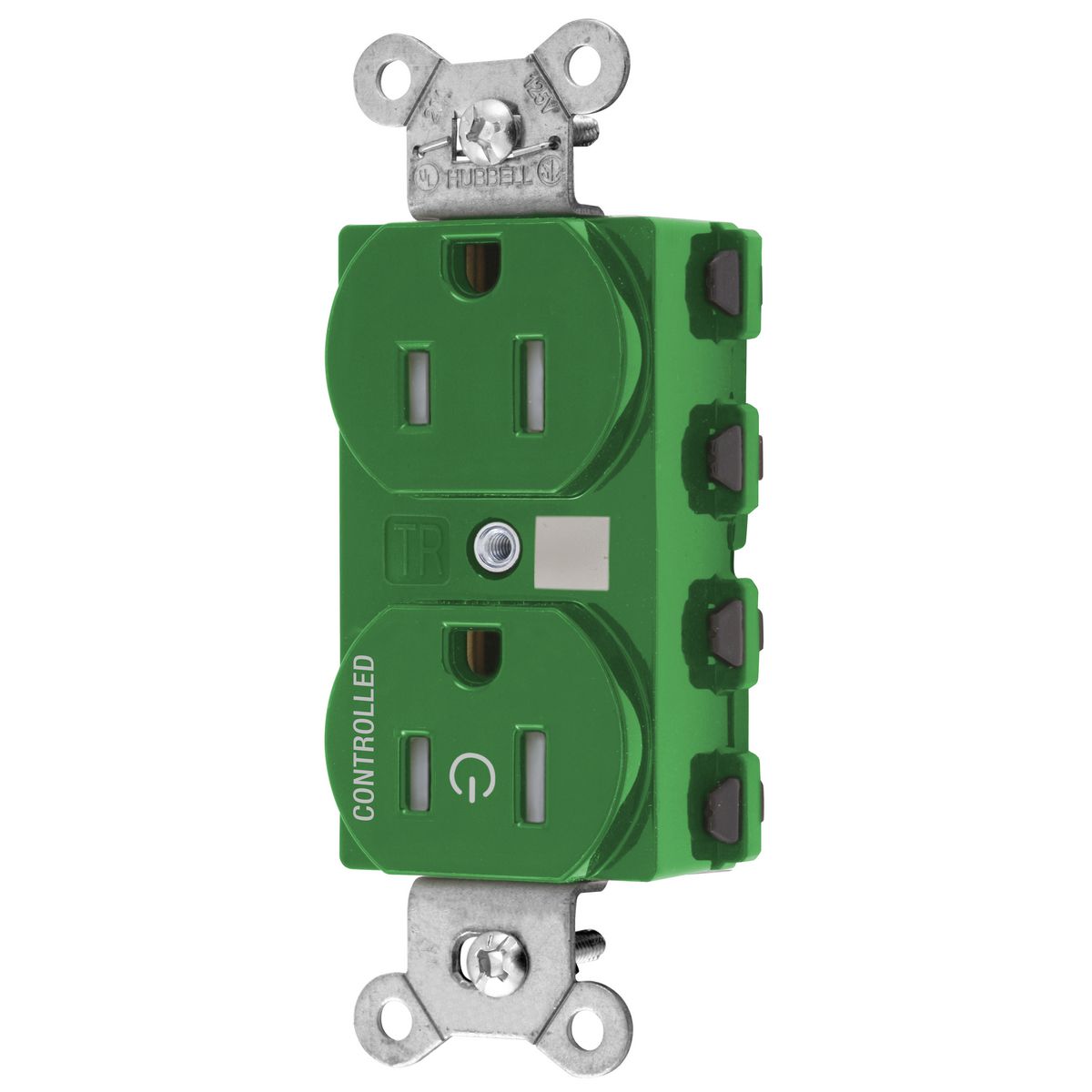 Straight Blade Devices, Receptacles, Duplex, SNAPConnect, Tamper Resistant, Controlled, 15A 125V, 2-Pole 3-Wire Grounding, Nylon, Green