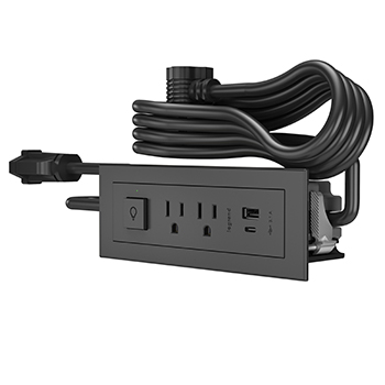 radiant Furniture Power Centers bring a sleek, modern design with the functionality of USB- A, USB-C and traditional power together. Quick and easy installation means nearly every piece of furniture can be powered up and ready to recharge devices. A sleek design and tamper-resistant receptacles bring your furniture a step above ordinary. Featuring an optional control switch that controls a cord-connected lighting fixture.. black finish. 10 foot cord with pass-thru plug.