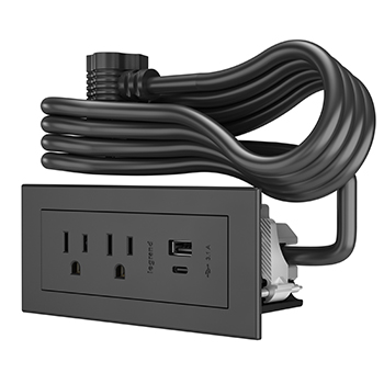 radiant Furniture Power Centers bring a sleek, modern design with the functionality of USB- A, USB-C and traditional power together. Quick and easy installation means nearly every piece of furniture can be powered up and ready to recharge devices. A sleek design and tamper-resistant receptacles bring your furniture a step above ordinary.. black finish. 6 foot cord with pass-thru plug.