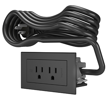 radiant Furniture Power Centers bring convenient power and charging right to the spaces where people work and play, all in a compact, aesthetically pleasing package. Perfect for office lobbies, waiting rooms, cafeterias, restaurants/bars, lecture halls, transportation hubs, guest rooms, etc.. black finish. 6 foot cord with pass-thru plug. 2 outlets.