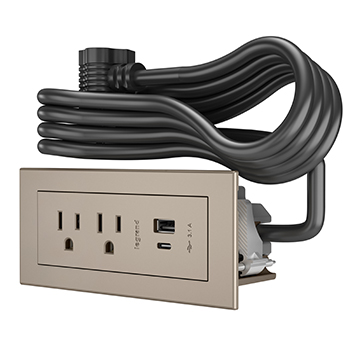radiant Furniture Power Centers bring a sleek, modern design with the functionality of USB- A, USB-C and traditional power together. Quick and easy installation means nearly every piece of furniture can be powered up and ready to recharge devices. A sleek design and tamper-resistant receptacles bring your furniture a step above ordinary.. nickel finish. 10 foot cord with pass-thru plug.