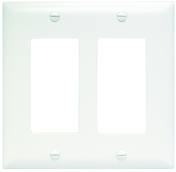 Trademaster Decorator Plate, double gang, is molded of rugged, practically indestructible self-extinguishing nylon. It is preferred for hospital, industrial, institutional, and other high-abuse applications. Available in Ivory, White, Brown, Gray, Black, Blue, Orange, Red, and Light Almond.