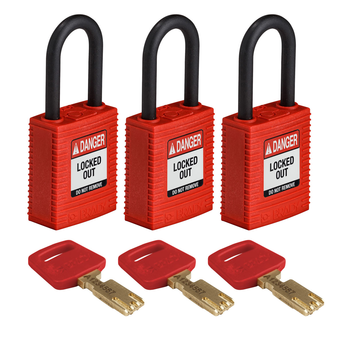 Product image for Brady NYL-RED-38PL-KA3PK Brady SafeKey Lockout Padlock Nylon Red 1.5" Plastic Shkl Keyed Alike 3 Pk