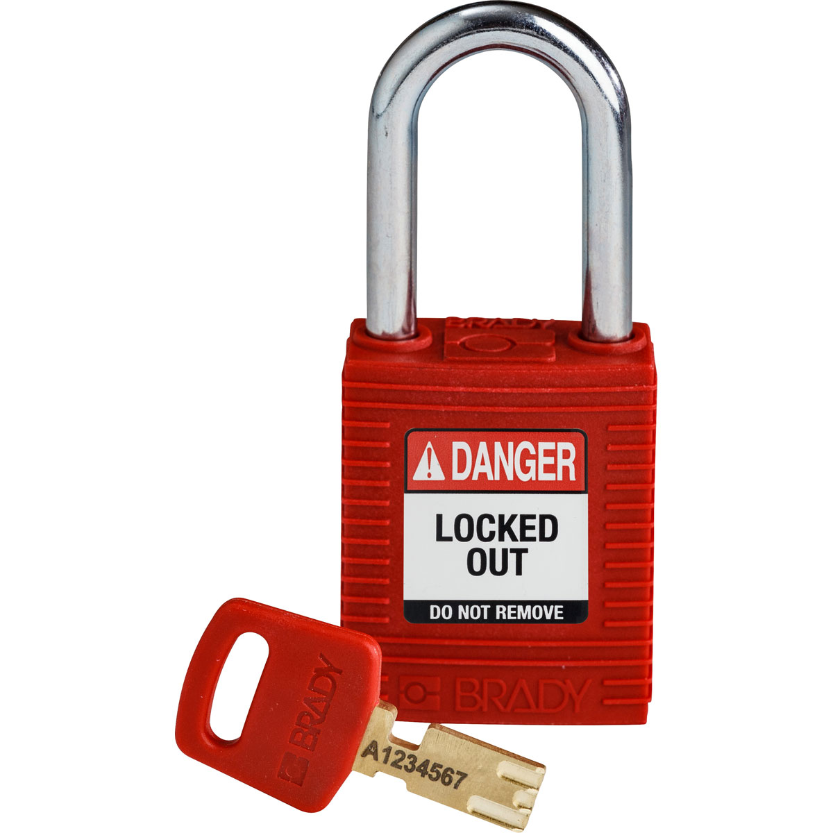 Product image for Brady NYL-RED-38ST-KD Brady SafeKey Lockout Padlock Nylon Red 1.5" Steel Shkl Keyed Different