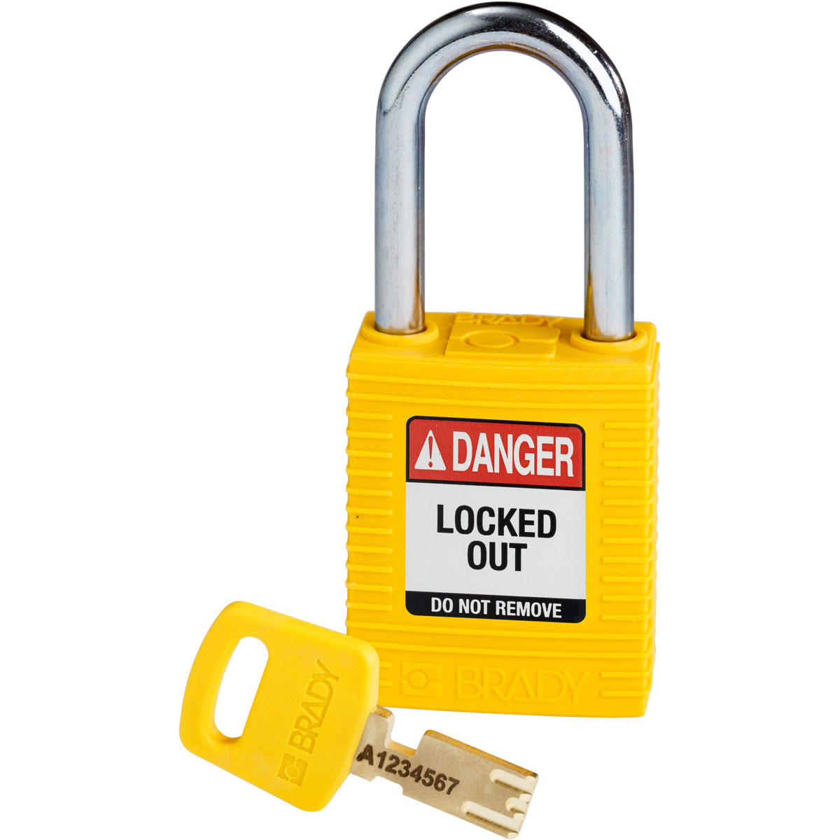 Product image for Brady NYL-YLW-38ST-KD Brady SafeKey Lockout Padlock Nylon Yellow 1.5" Steel Shkl Keyed Different
