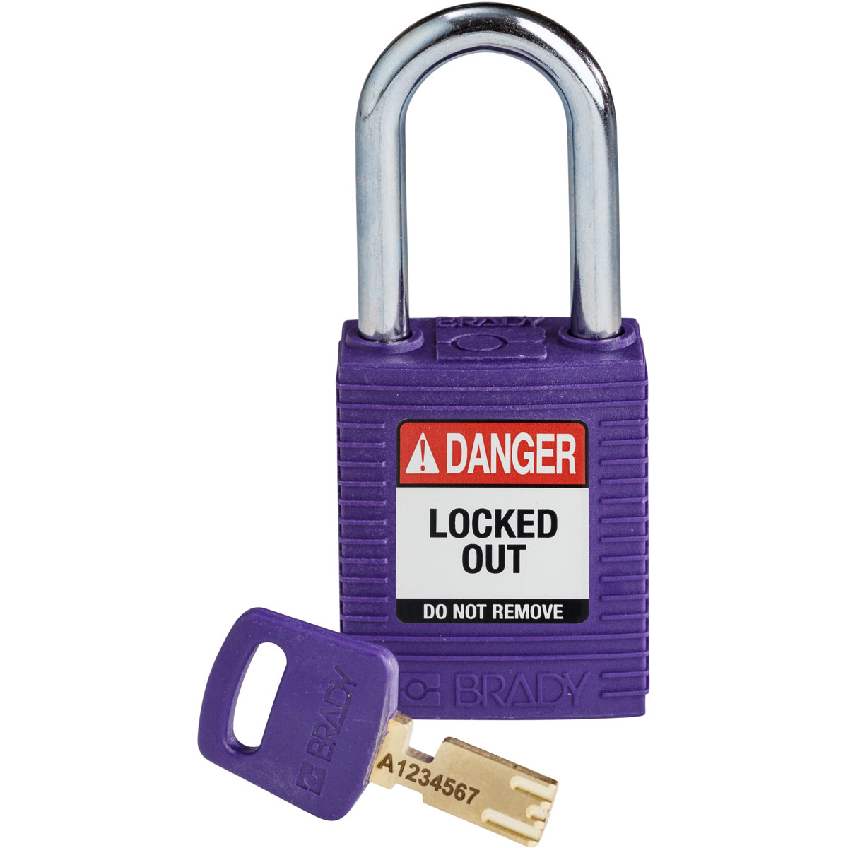 Product image for Brady NYL-PRP-38ST-KD Brady SafeKey Lockout Padlock Nylon Purple 1.5" Steel Shkl Keyed Different