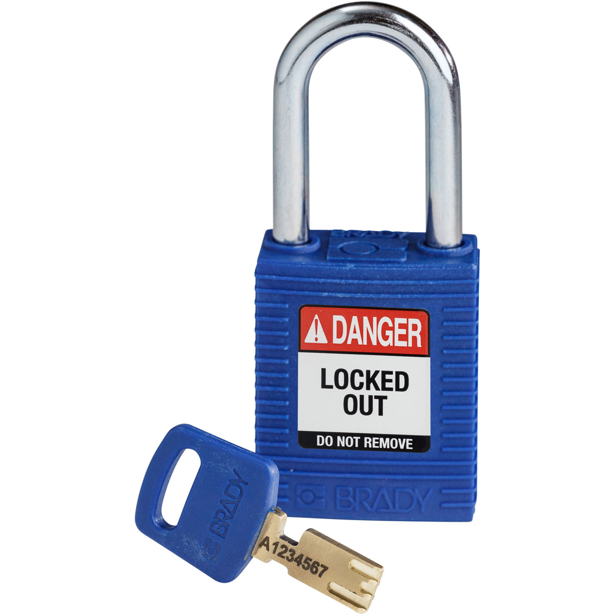 Product image for Brady NYL-BLU-38ST-KD Brady SafeKey Lockout Padlock Nylon Blue 1.5" Steel Shkl Keyed Different