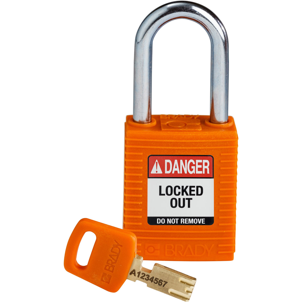 Product image for Brady NYL-ORG-38ST-KD Brady SafeKey Lockout Padlock Nylon Orange 1.5" Steel Shkl Keyed Different