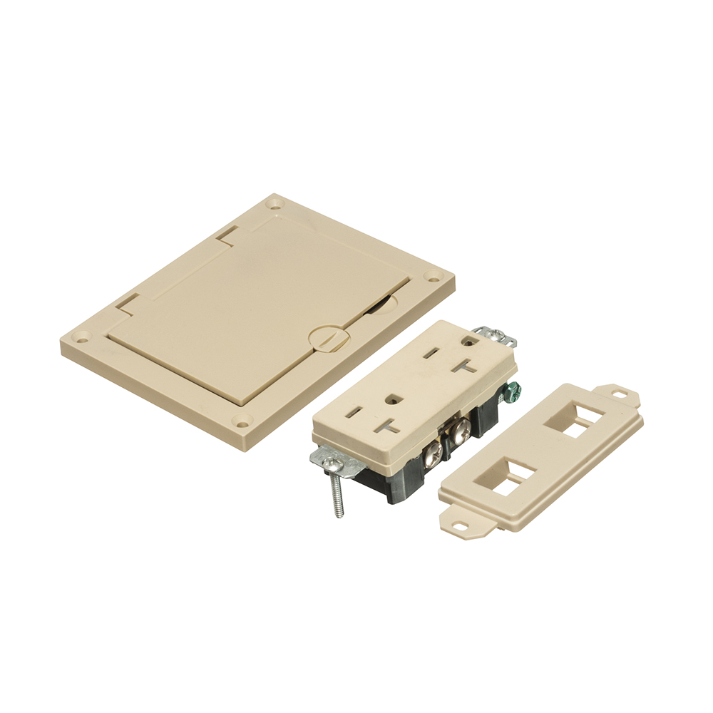Light almond non-metallic single gang cover kit with flip lid cover. Includes (1) 20A decorator style receptacle, (1) gasket, (1) Low voltage insert.
