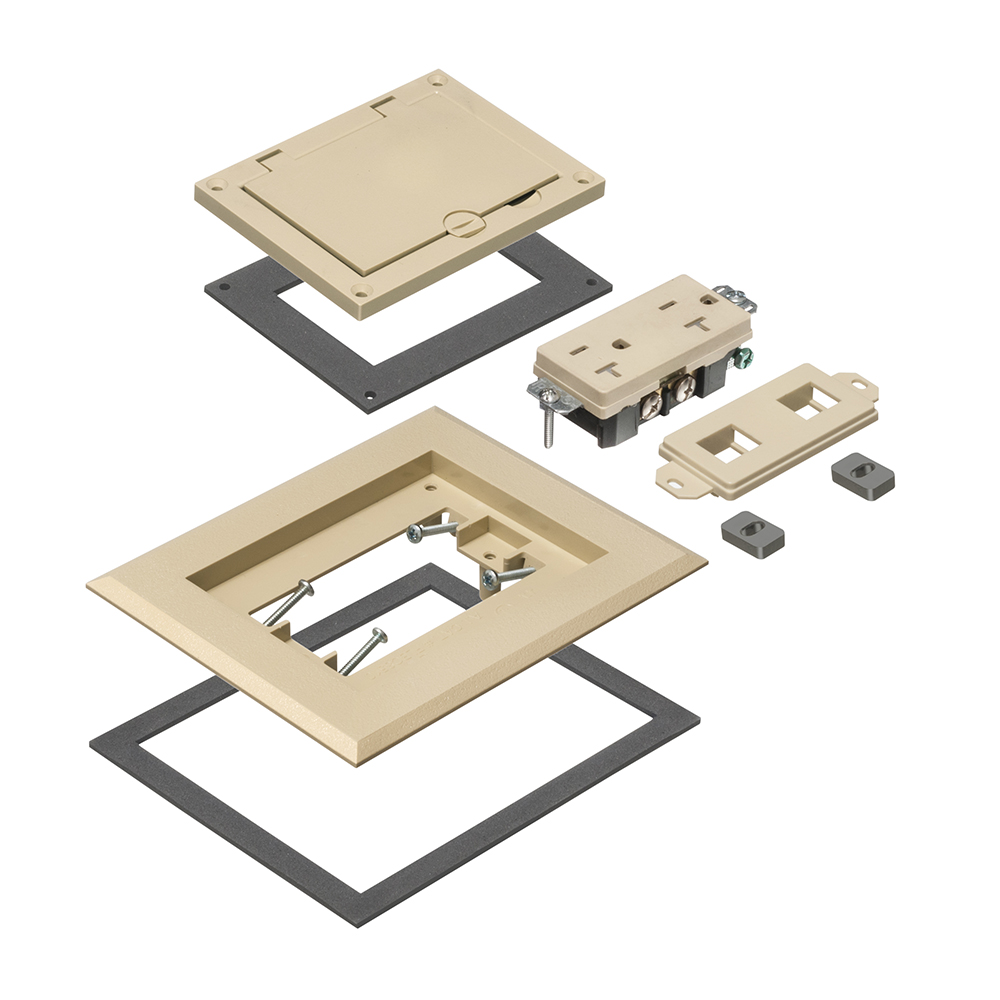 Light almond non-metallic single gang frame kit with flip lid cover. Includes (1) 20A decorator style receptacle, (1) gasket, low voltage insert and installation screws. Flip lid cover can be opened in any direction.