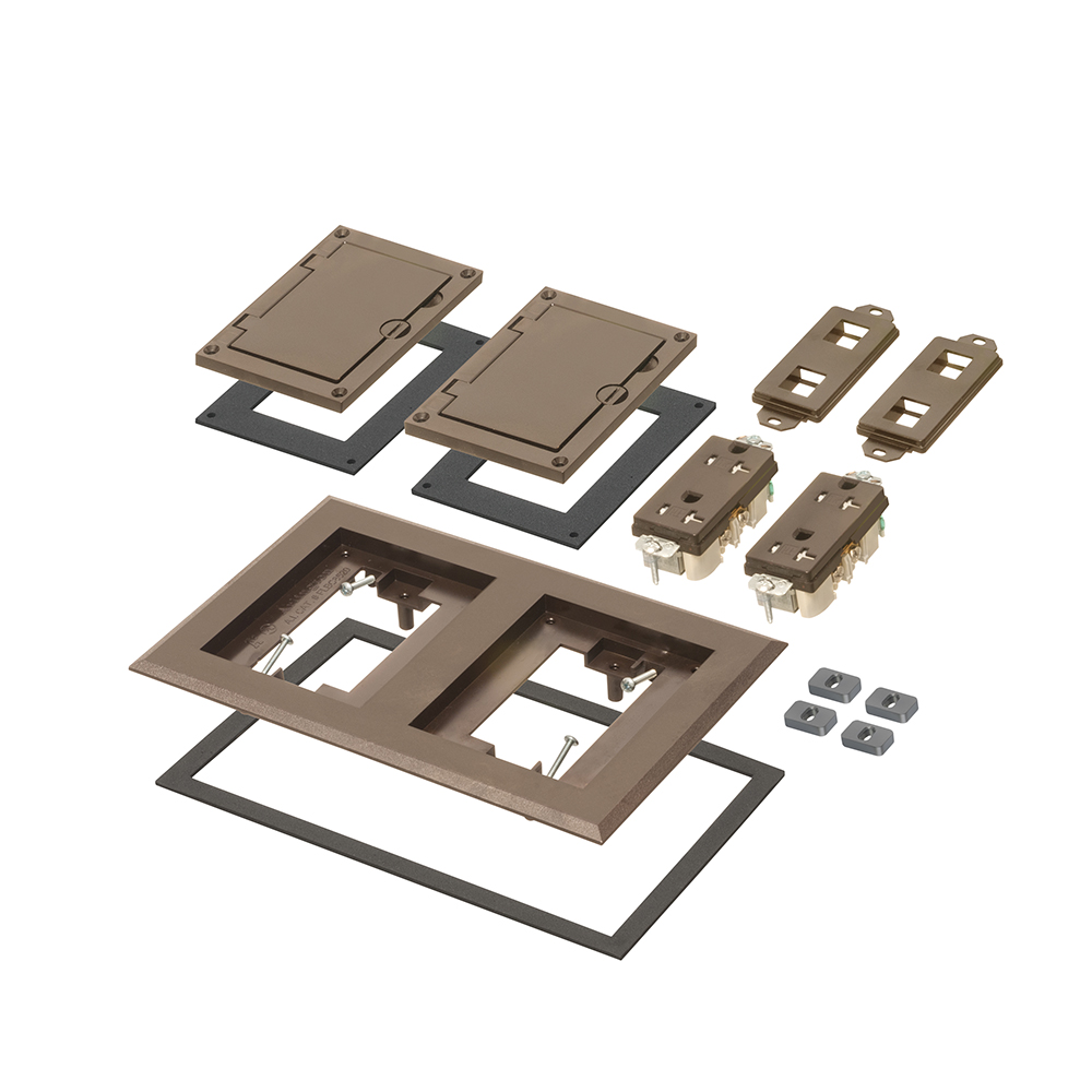 Brown non-metallic two gang frame kit with (2) flip lid covers. Includes (2) 20A decorator style receptacles, (2) gaskets, low voltage insert and installation screws. Flip lid cover can be opened in any direction.