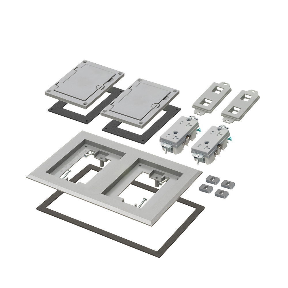 Gray non-metallic two gang frame kit with (2) flip lid covers. Includes (2) 20A decorator style receptacles, (2) gaskets, low voltage insert and installation screws. Flip lid cover can be opened in any direction.