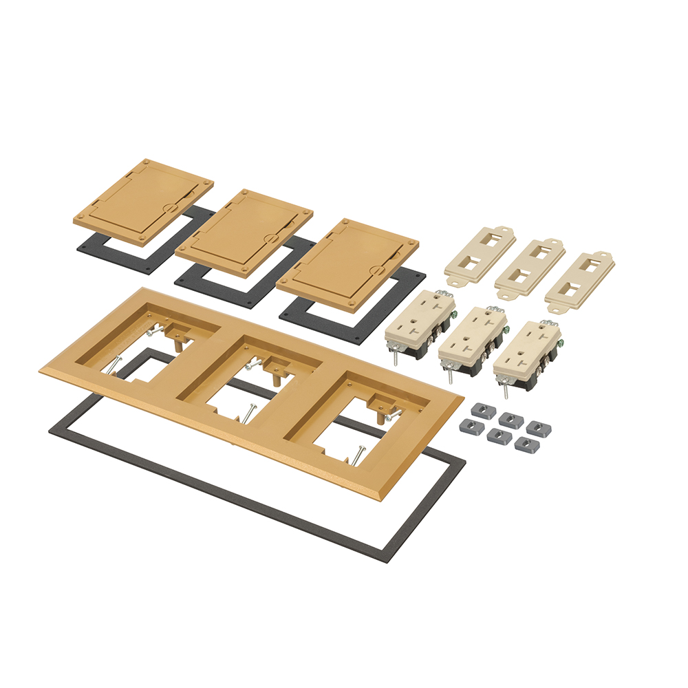 Caramel non-metallic three gang frame kit with (3) flip lid covers. Includes (3) 20A decorator style receptacles, (3) gaskets, low voltage insert and installation screws. Flip lid cover can be opened in any direction.