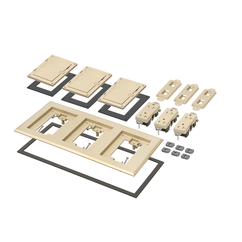 Light almond non-metallic three gang frame kit with (3) flip lid covers. Includes (3) 20A decorator style receptacles, (3) gaskets, low voltage insert and installation screws. Flip lid cover can be opened in any direction.