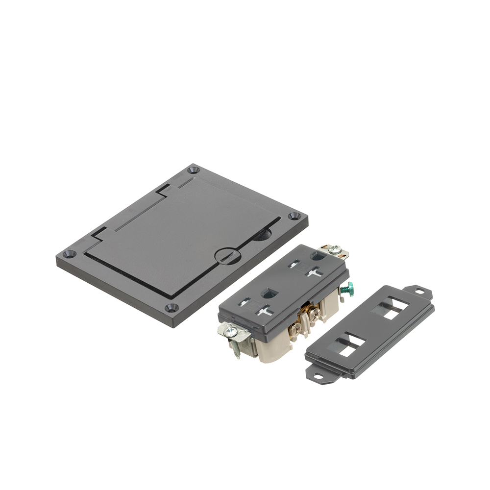 Black non-metallic single gang cover kit with flip lid cover. Includes (1) 20A decorator style receptacle, (1) gasket, (1) Low voltage insert.