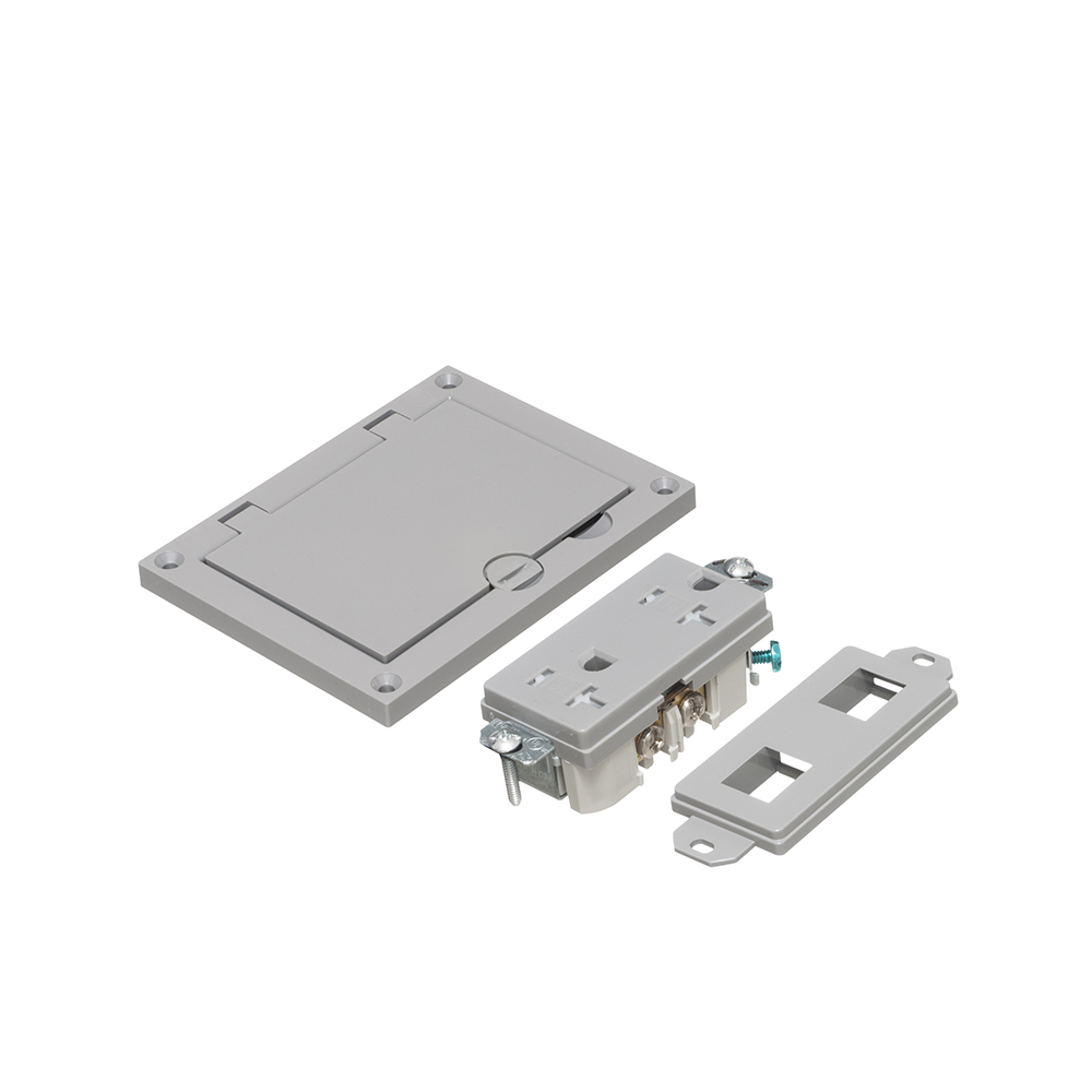 Gray non-metallic single gang cover kit with flip lid cover. Includes (1) 20A decorator style receptacle, (1) gasket, (1) Low voltage insert.