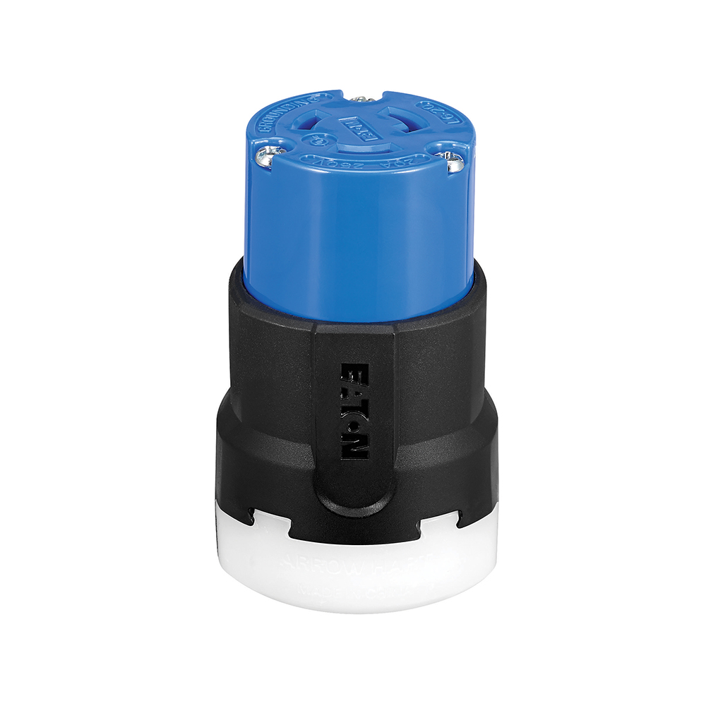 Eaton Arrow Hart Color Coded Locking Connector, #14-8 AWG, 20A, Industrial, 250V, Back, Blue, Black, Ultra grip, Nylon, L6-20, Two-pole, Three-wire, Nylon, 0.38 - 1.00