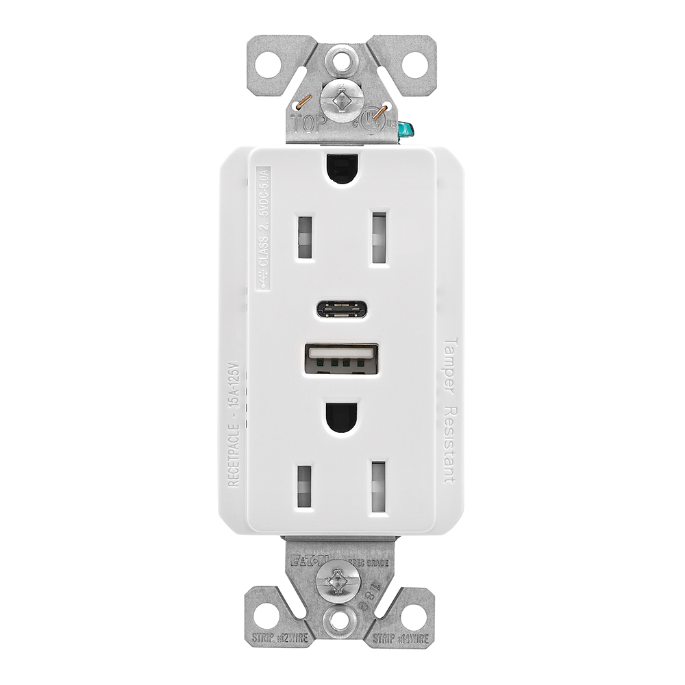 Eaton Combination: USB Type A and C Charger, 15A 5-15R Receptacle, White, USB, Brass, Flush, Two-pole, Three-wire, Tamper resistant, Decorator