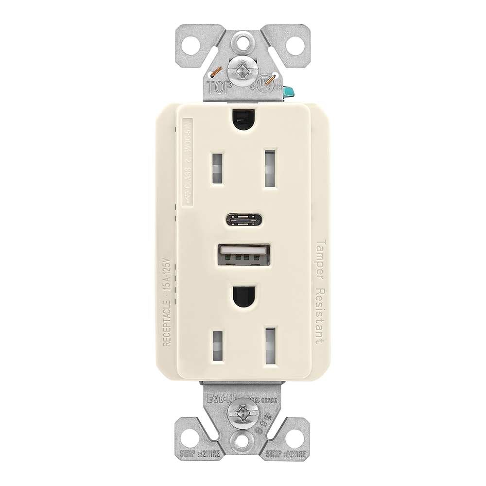 Eaton Combination USB Type A and Type C Charger, 15 A 5-15 R Receptacle, Light Almond, USB, Brass, Thermoplastic, Flush, Two-pole, Three-wire, Tamper resistant, Decorator, 125 V