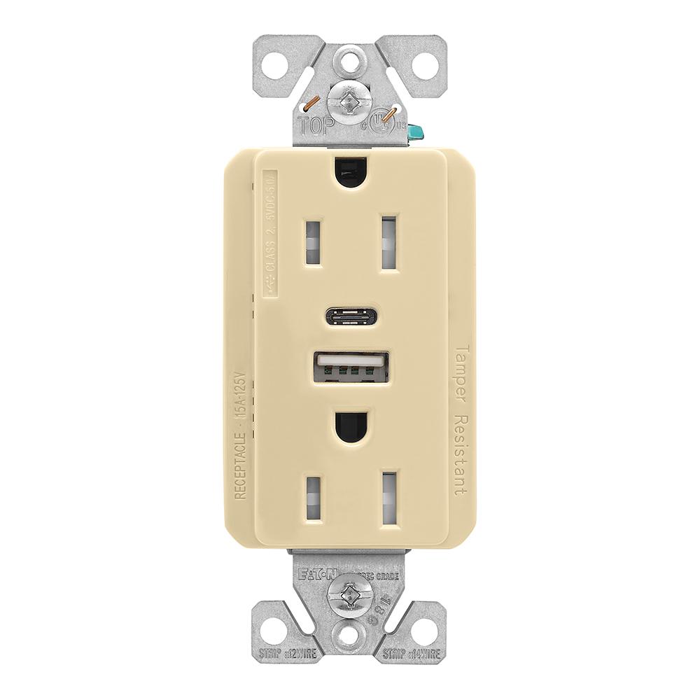 Eaton Combination USB Type A and Type C Charger, 15A 5-15R Receptacle, Ivory, USB, Thermoplastic, Flush, Two-pole, Three-wire, Tamper resistant, Decorator, 125V