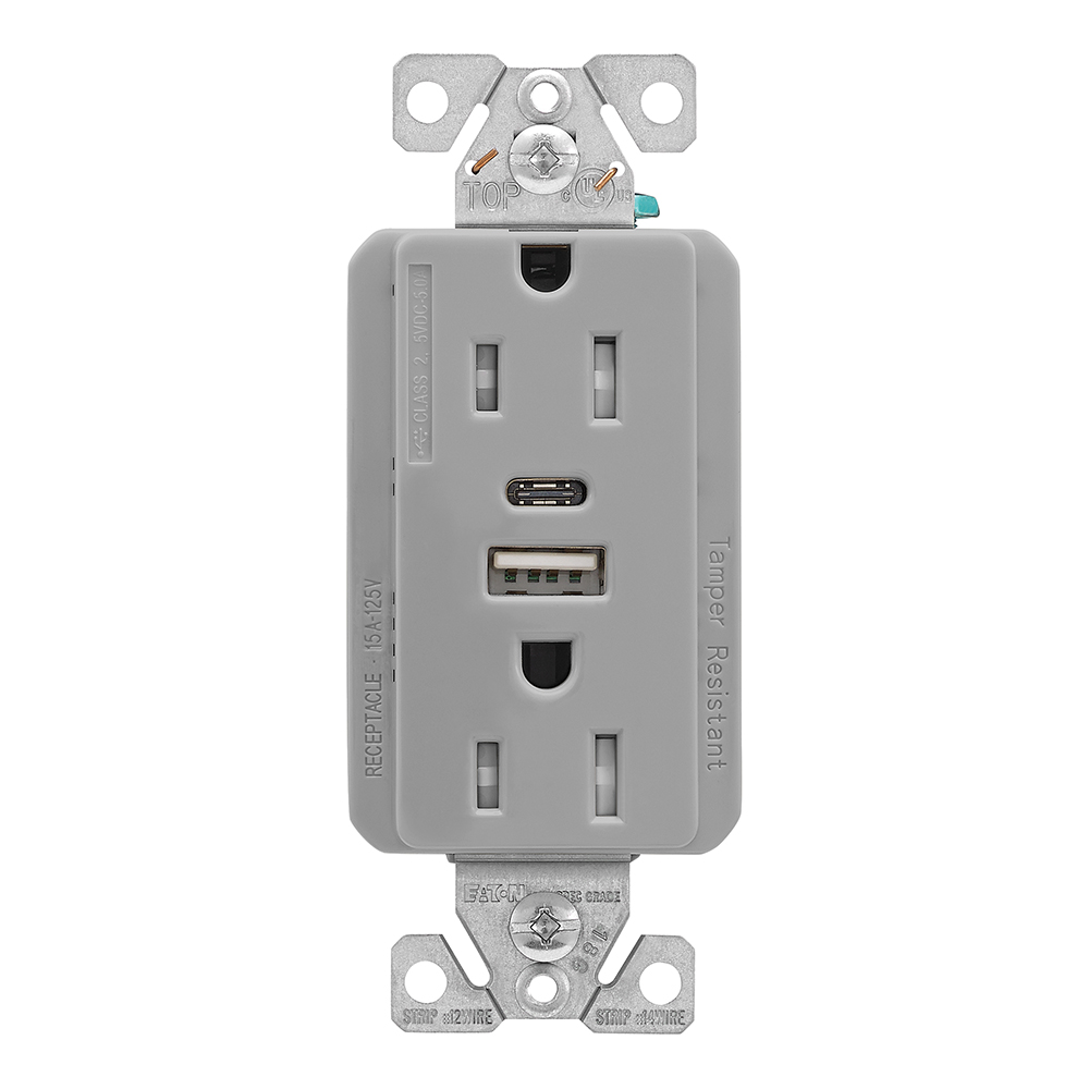 Eaton Combination USB Type A and C Charger, 15 A 5-15 R Receptacle, Grey, USB, Brass, Thermoplastic, Flush, Two-pole, Three-wire, Tamper resistant, 125 V