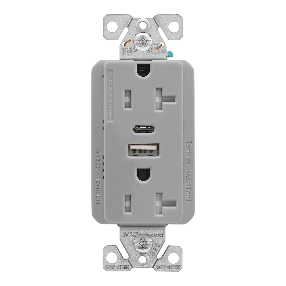Eaton Combination USB Type A and C Charger, 20 A 5-20 R Receptacle, Grey,Brass, Flush, Two-pole, Three-wire, Tamper resistant, Decorator, 125V