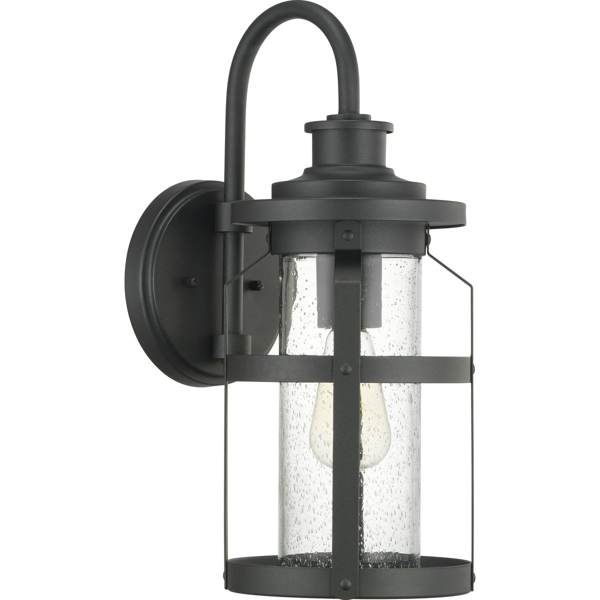 The one-light medium wall lantern in the Haslett Collection features a design with intersecting linear details that surrounds clear seeded glass and finished in Black. Coastal-inspired frame is suitable to complement architecture with Farmhouse flair.