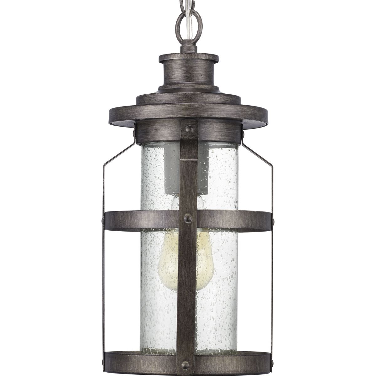 The one-light hanging lantern in the Haslett Collection features a design with intersecting linear details that surrounds clear seeded glass and finished in Antique Pewter. Coastal-inspired frame is suitable to complement architecture with Farmhouse flair.